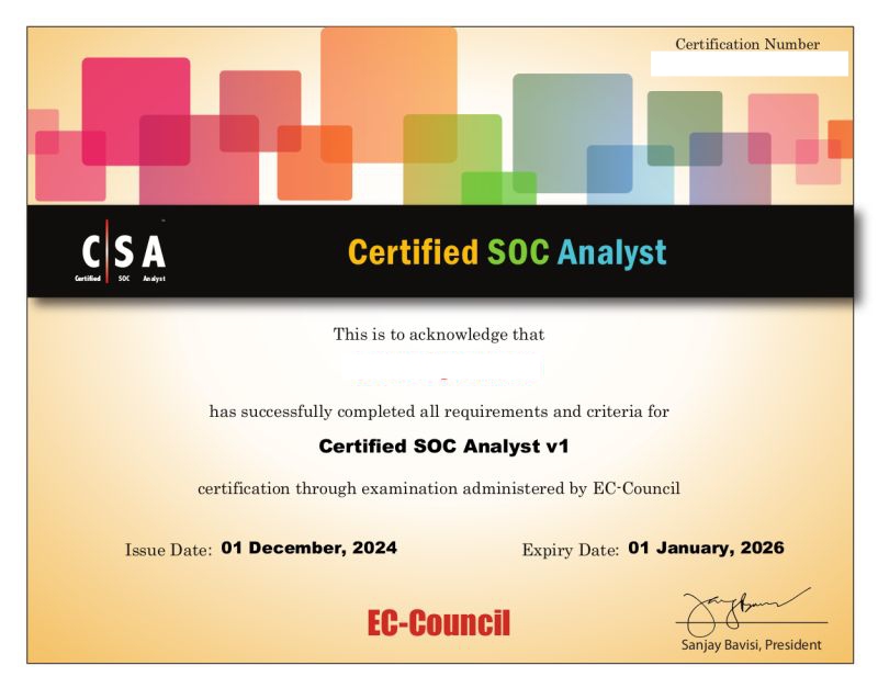 Certified SOC Analyst (CSA) certificate showing course completion