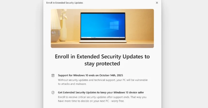 Windows 10 ESU Extension 2025 showing security update options for extended support