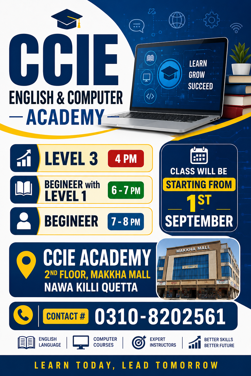 CCIE English & Computer Academy Quetta class schedule showing Level 3 at 4 PM, Beginner Level 1 at 6–7 PM, and Beginner at 7–8 PM.